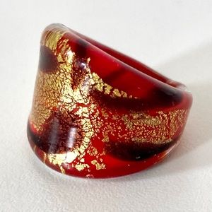 💍 Vintage Italian Murano Glass Ring | Size 7 Venetian Red & Gold Foil Statement